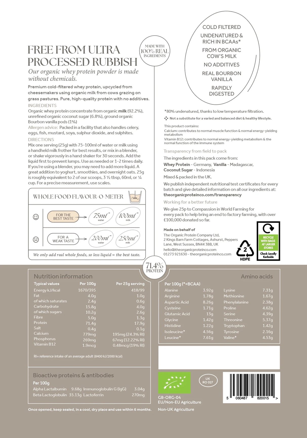 The Organic Protein Co Vanilla Whey Protein 1.2kg